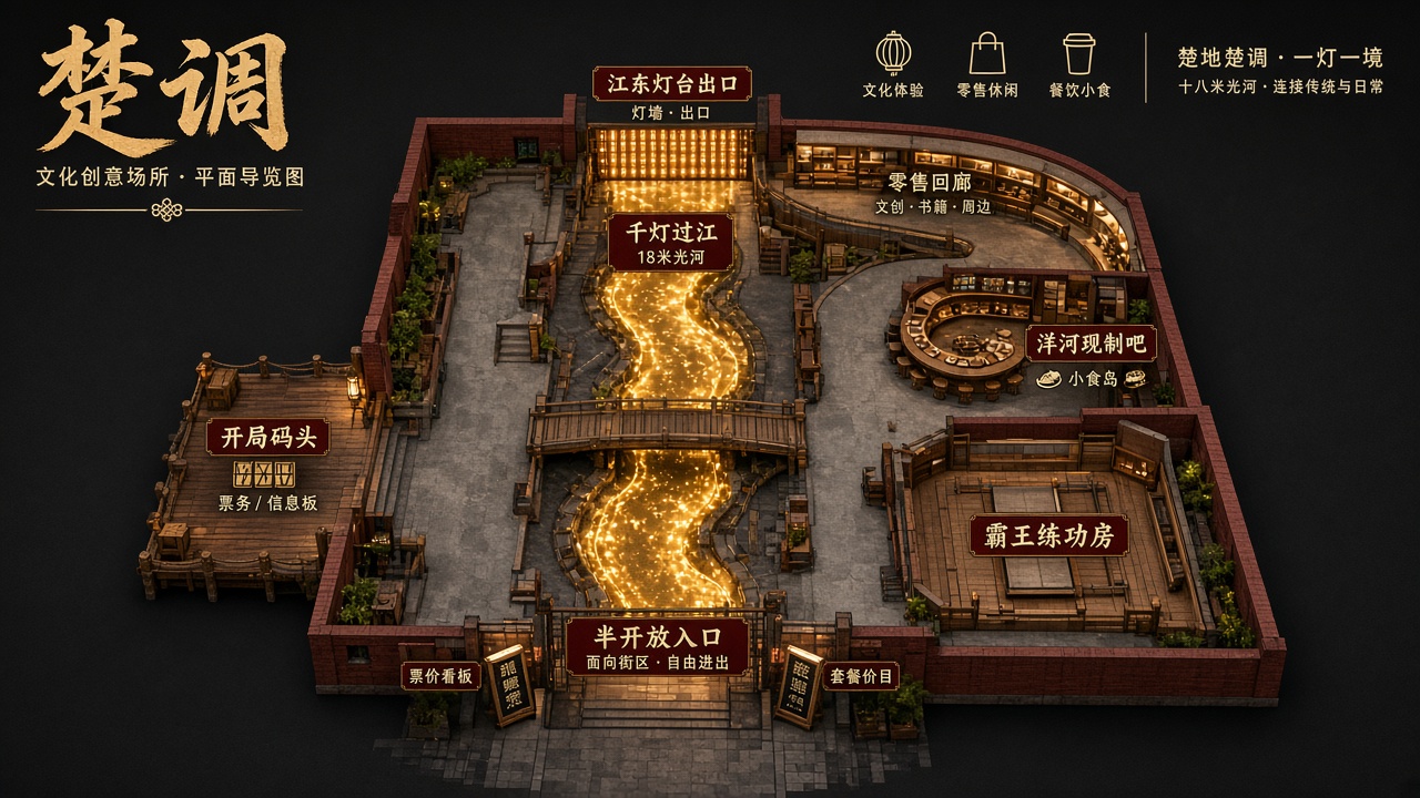 楚调空间布局示意：中轴光河与分区